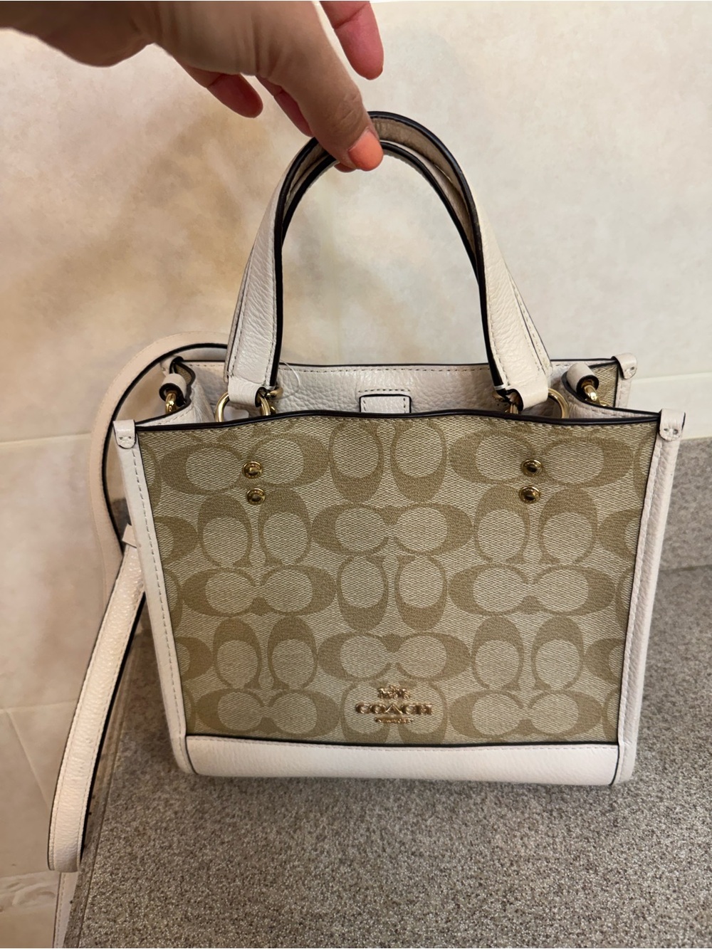 Coach Beige Signature Canvas Satchel with White Leather Trim